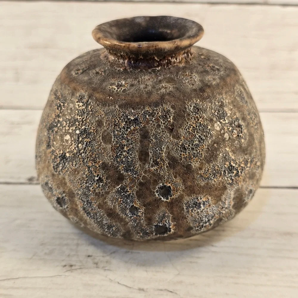 Studio Pottery Bud Vase Volcanic Lava Glaze Brown Earthy Textured Small 3.25in